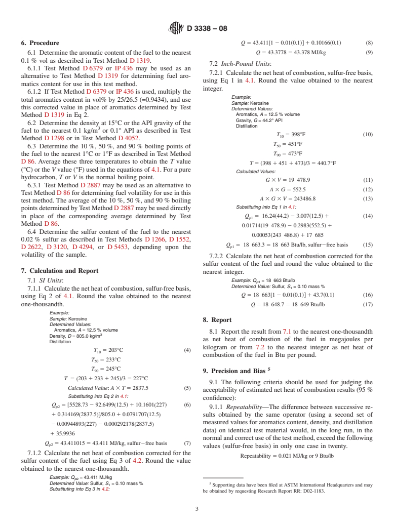 ASTM D3338-08 - Standard Test Method for Estimation of Net Heat of Combustion of Aviation Fuels