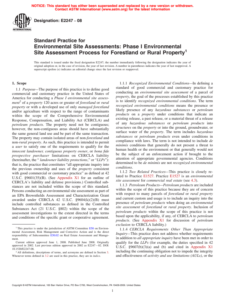 ASTM E2247-08 - Standard Practice for Environmental Site Assessments: Phase I Environmental Site Assessment Process for Forestland or Rural Property