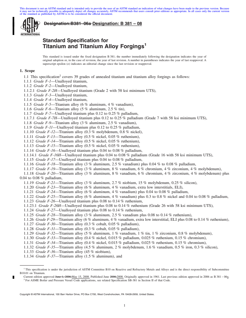 REDLINE ASTM B381-08 - Standard Specification for  Titanium and Titanium Alloy Forgings