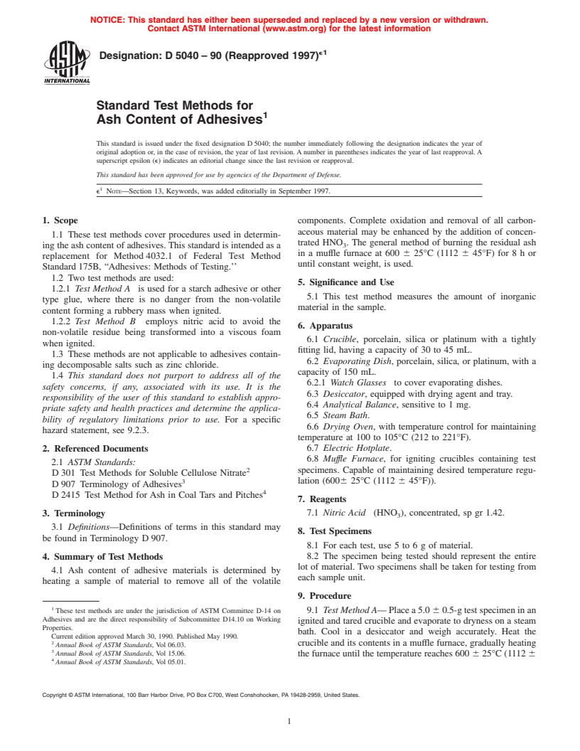 ASTM D5040-90(1997)e1 - Standard Test Methods for Ash Content of Adhesives