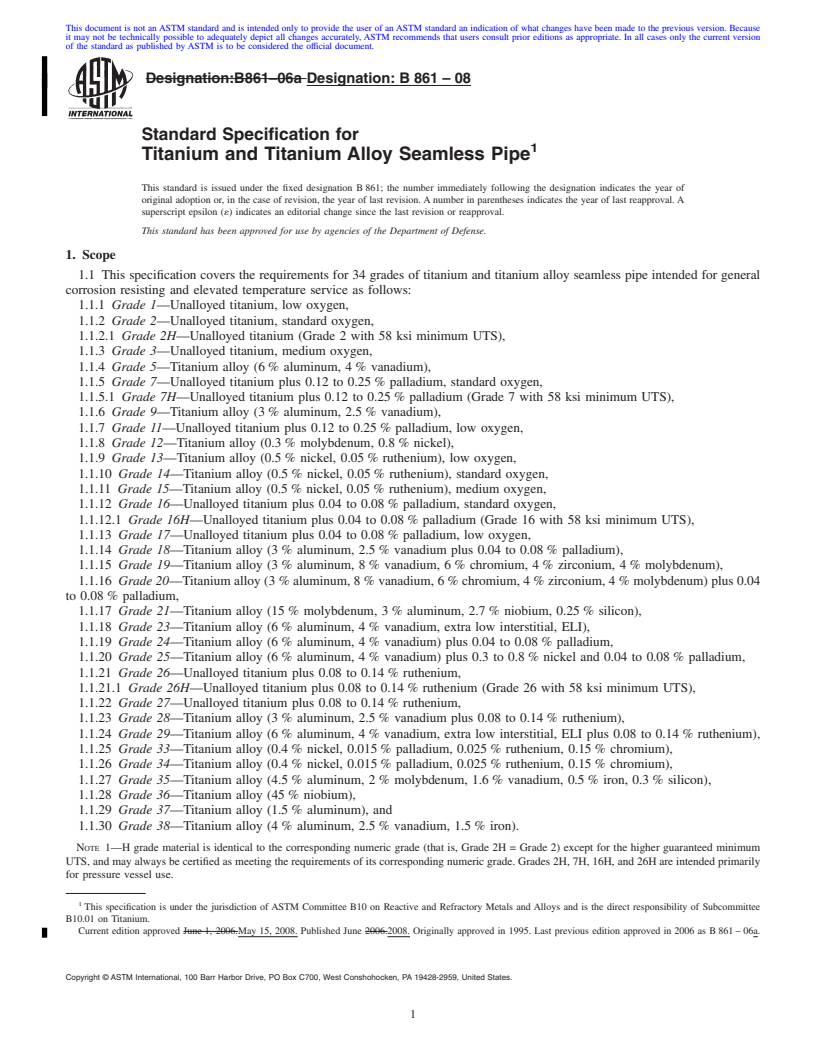 REDLINE ASTM B861-08 - Standard Specification for Titanium and Titanium Alloy Seamless Pipe