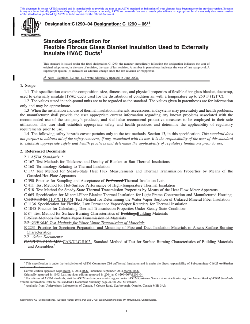 REDLINE ASTM C1290-06e1 - Standard Specification for Flexible Fibrous Glass Blanket Insulation Used to Externally Insulate HVAC Ducts