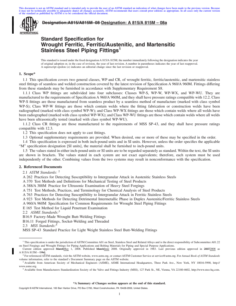 REDLINE ASTM A815/A815M-08a - Standard Specification for  Wrought Ferritic, Ferritic/Austenitic, and Martensitic Stainless Steel Piping Fittings