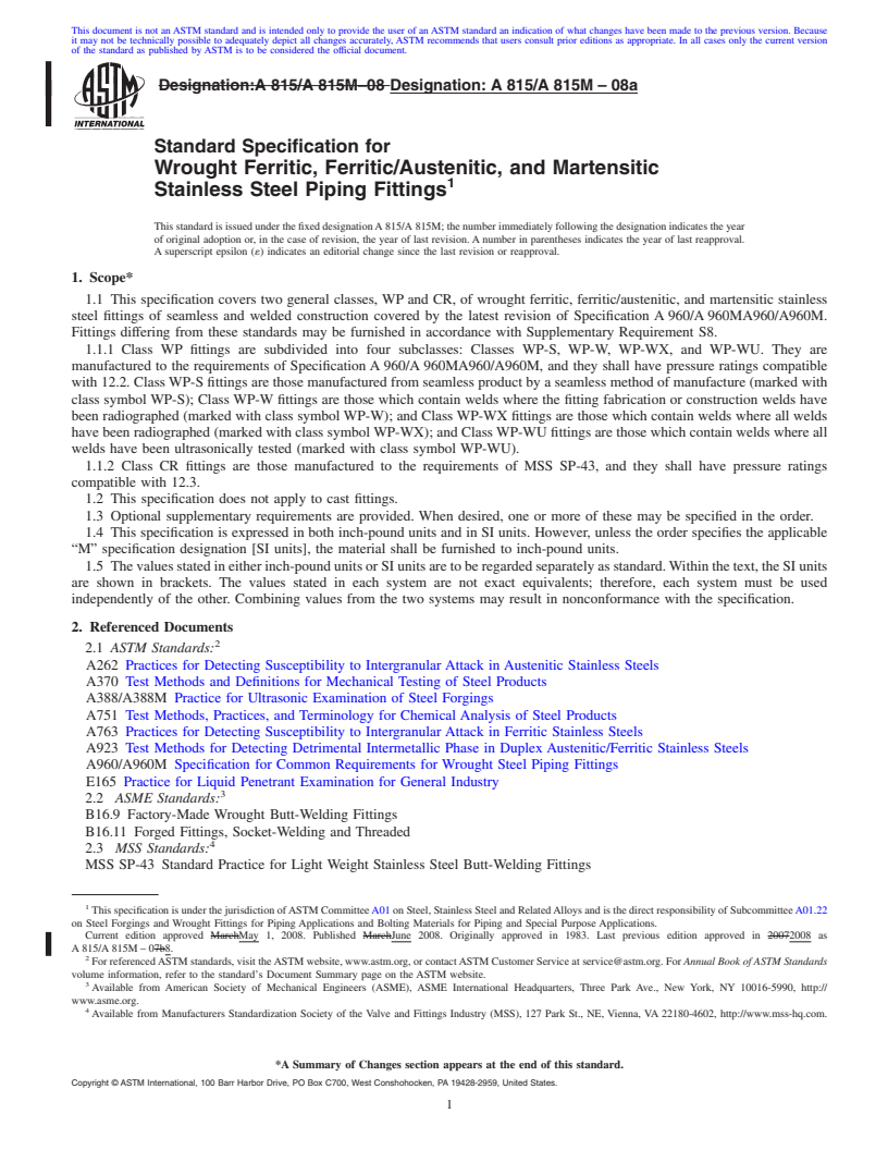 REDLINE ASTM A815/A815M-08a - Standard Specification for  Wrought Ferritic, Ferritic/Austenitic, and Martensitic Stainless Steel Piping Fittings