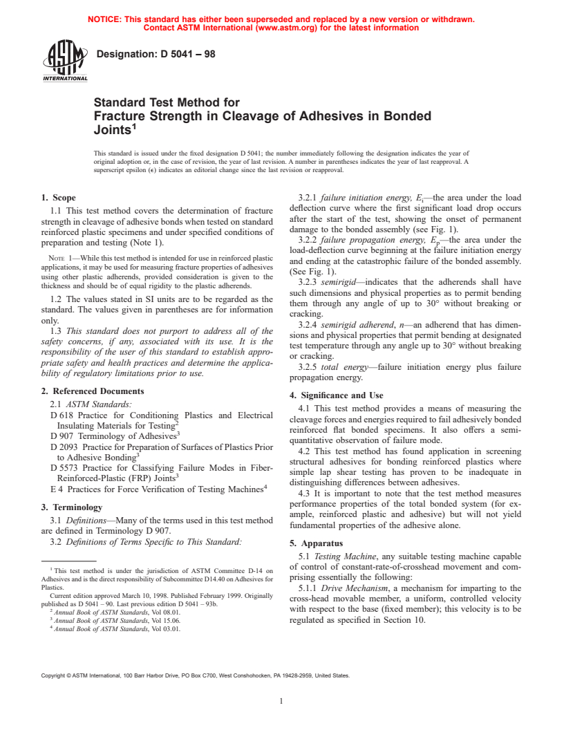 ASTM D5041-98 - Standard Test Method for Fracture Strength in Cleavage of Adhesives in Bonded Joints