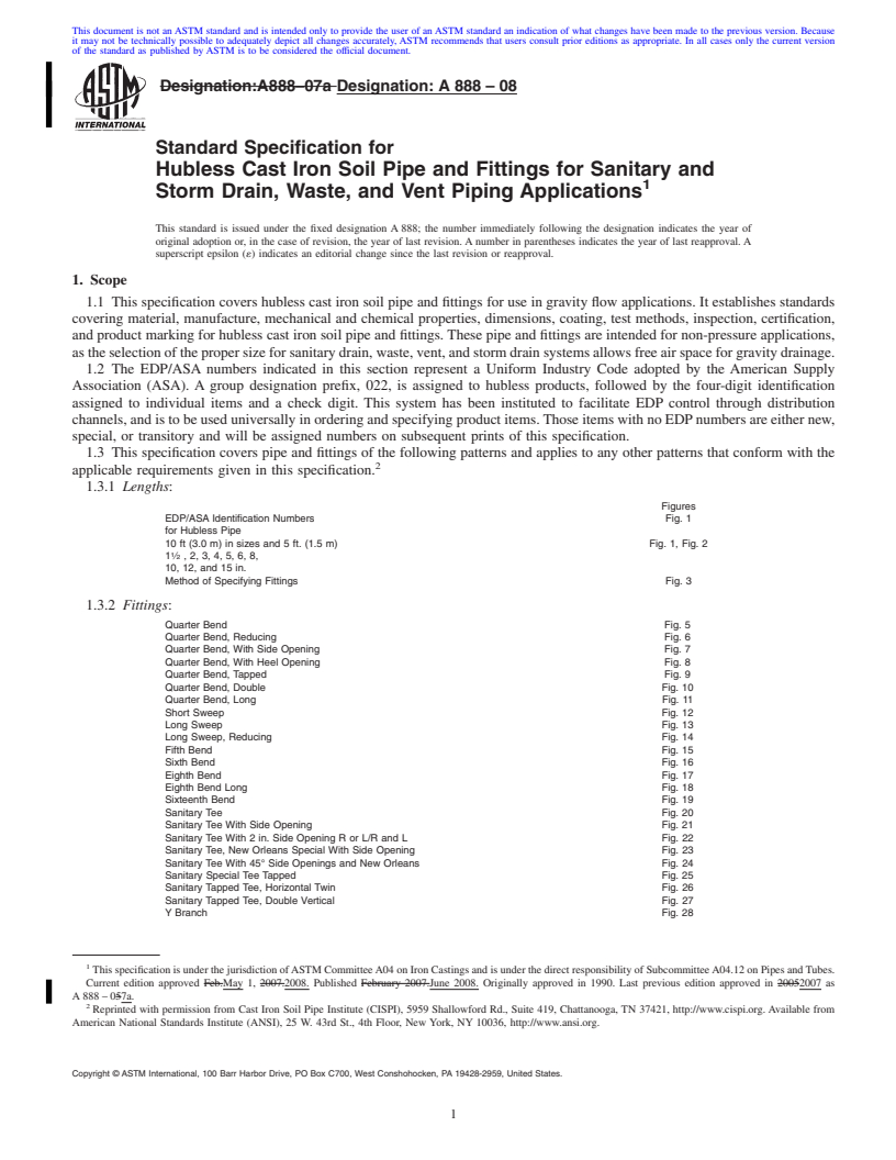 REDLINE ASTM A888-08 - Standard Specification for Hubless Cast Iron Soil Pipe and Fittings for Sanitary and Storm Drain, Waste, and Vent Piping Applications