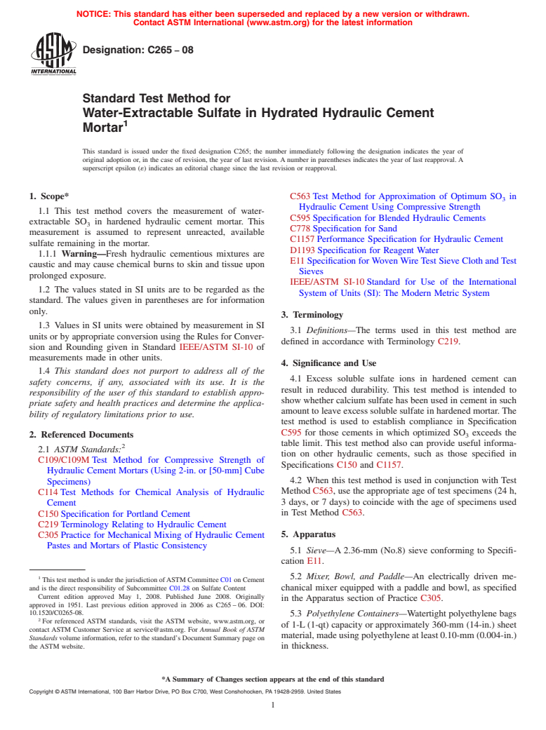 ASTM C265-08 - Standard Test Method for  Water-Extractable Sulfate in Hydrated Hydraulic Cement Mortar (Withdrawn 2017)