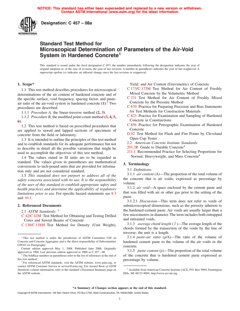 ASTM C457-08a - Standard Test Method for  Microscopical Determination of Parameters of the Air-Void System in   Hardened Concrete