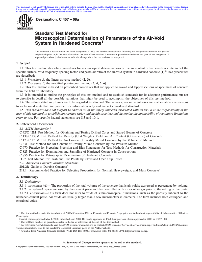 REDLINE ASTM C457-08a - Standard Test Method for  Microscopical Determination of Parameters of the Air-Void System in   Hardened Concrete