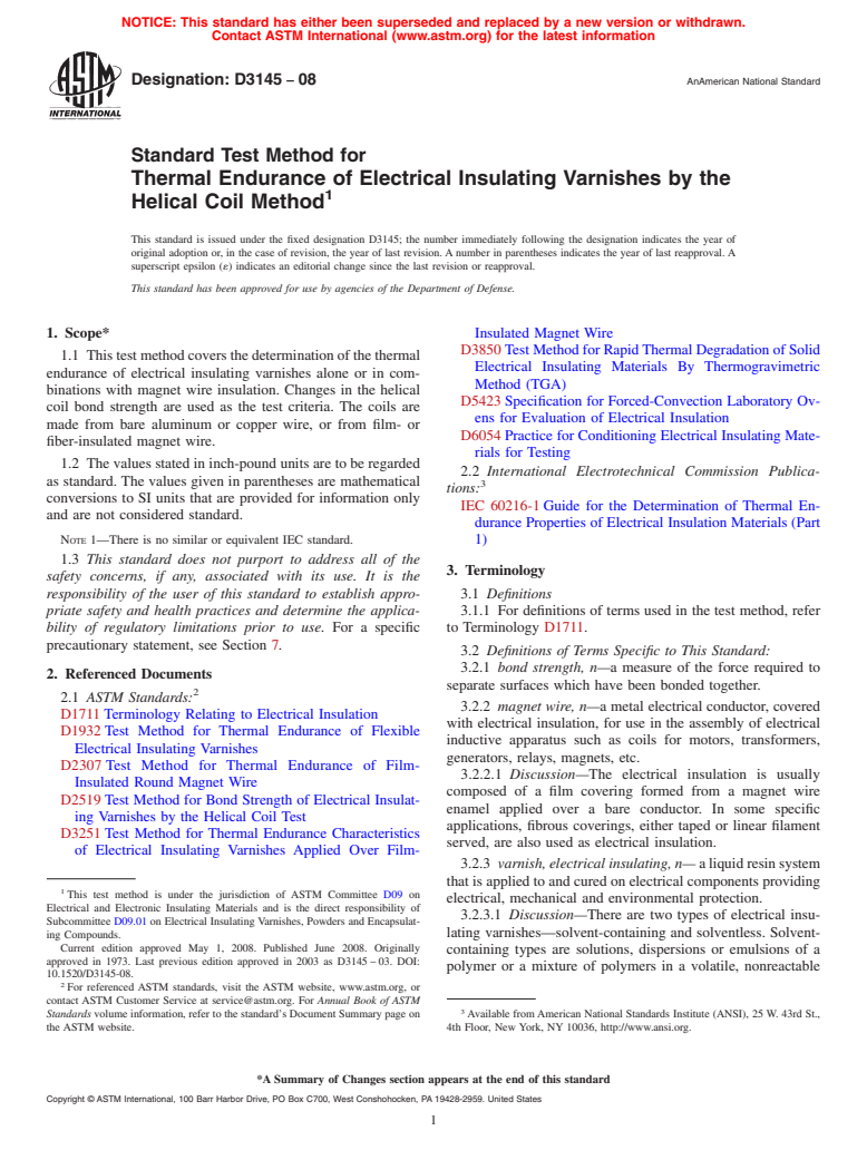 ASTM D3145-08 - Standard Test Method for  Thermal Endurance of Electrical Insulating Varnishes by the Helical Coil Method