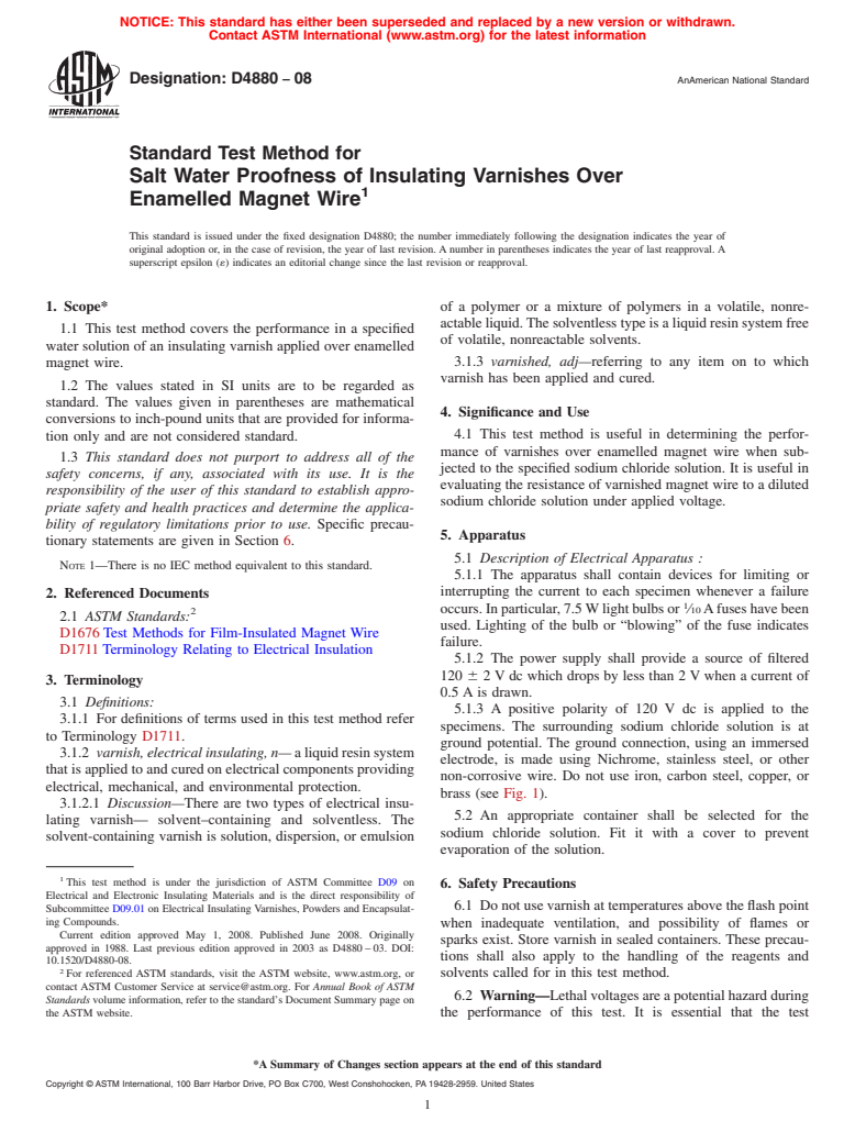 ASTM D4880-08 - Standard Test Method for Salt Water Proofness of Insulating Varnishes Over Enamelled Magnet Wire