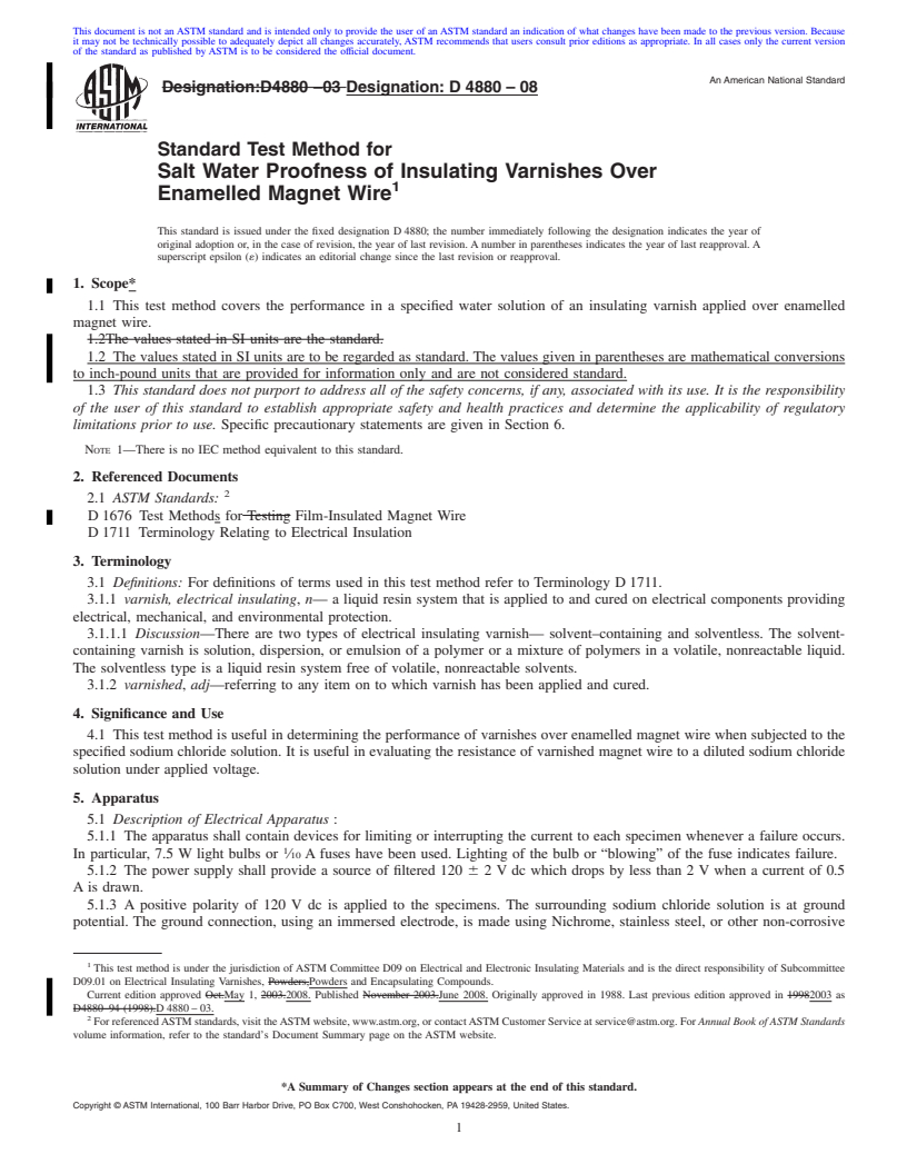 REDLINE ASTM D4880-08 - Standard Test Method for Salt Water Proofness of Insulating Varnishes Over Enamelled Magnet Wire