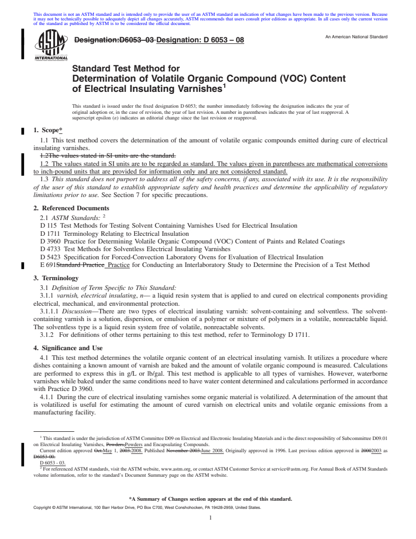 REDLINE ASTM D6053-08 - Standard Test Method for  Determination of Volatile Organic Compound (VOC) Content of Electrical Insulating Varnishes