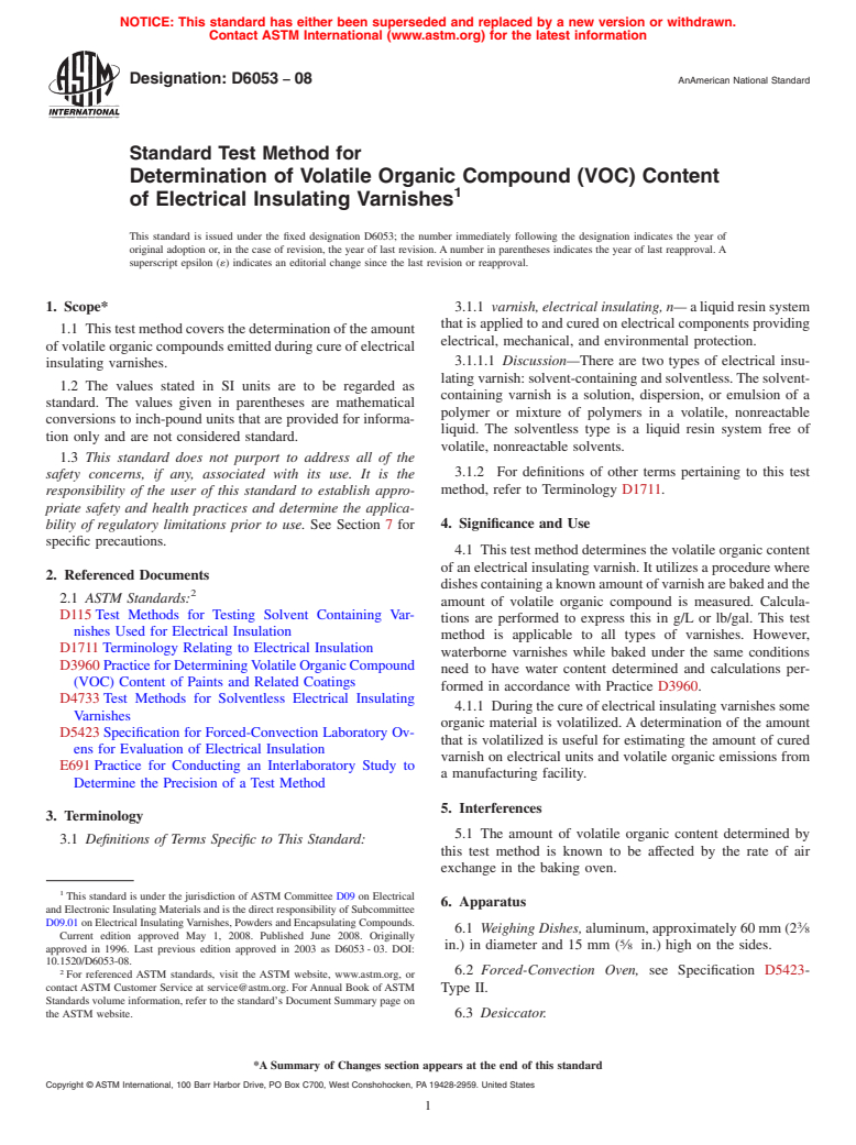 ASTM D6053-08 - Standard Test Method for  Determination of Volatile Organic Compound (VOC) Content of Electrical Insulating Varnishes