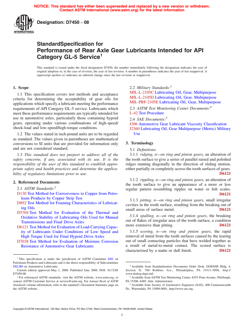 ASTM D7450-08 - Standard Specification for Performance of Rear Axle Gear Lubricants Intended for API Category GL-5 Service