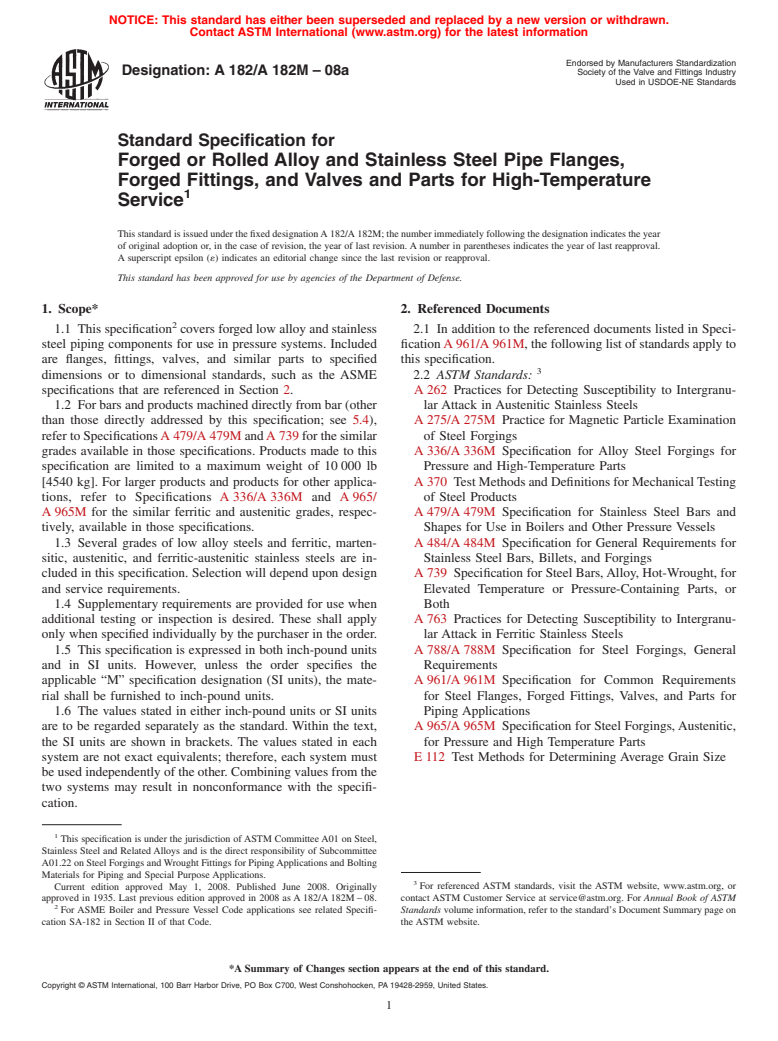 ASTM A182/A182M-08a - Standard Specification for  Forged or Rolled Alloy and Stainless Steel Pipe Flanges, Forged Fittings, and Valves and Parts for High-Temperature Service