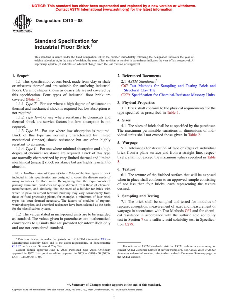ASTM C410-08 - Standard Specification for  Industrial Floor Brick