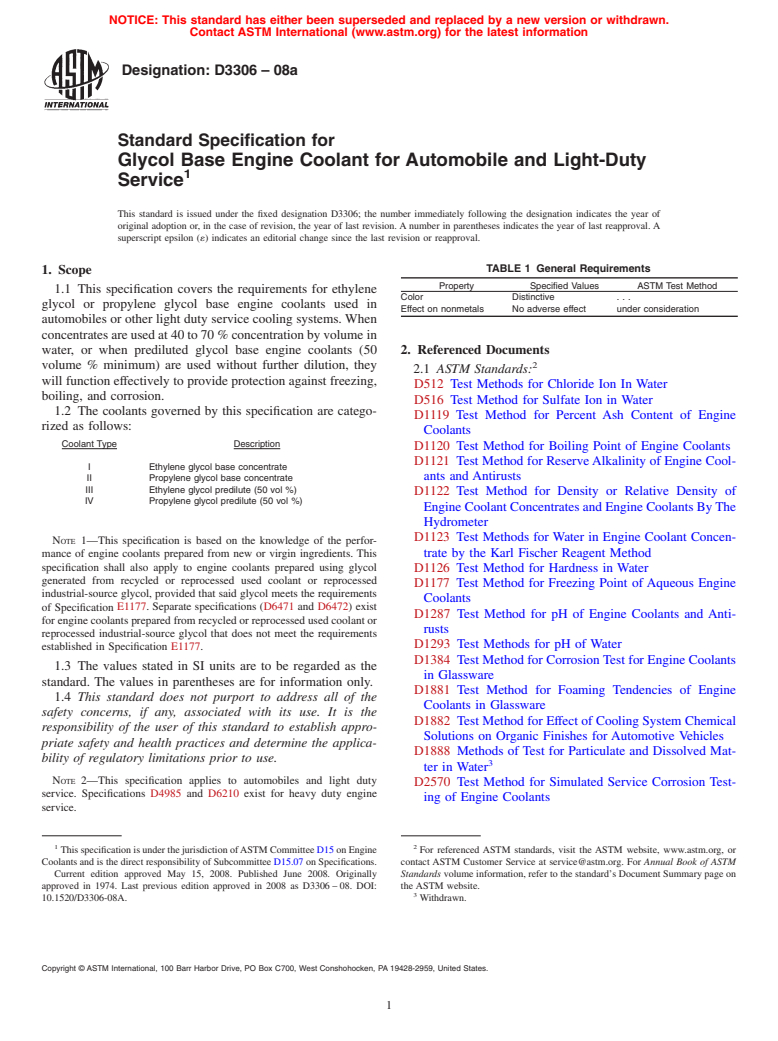 ASTM D3306-08a - Standard Specification for Glycol Base Engine Coolant for Automobile and Light-Duty Service