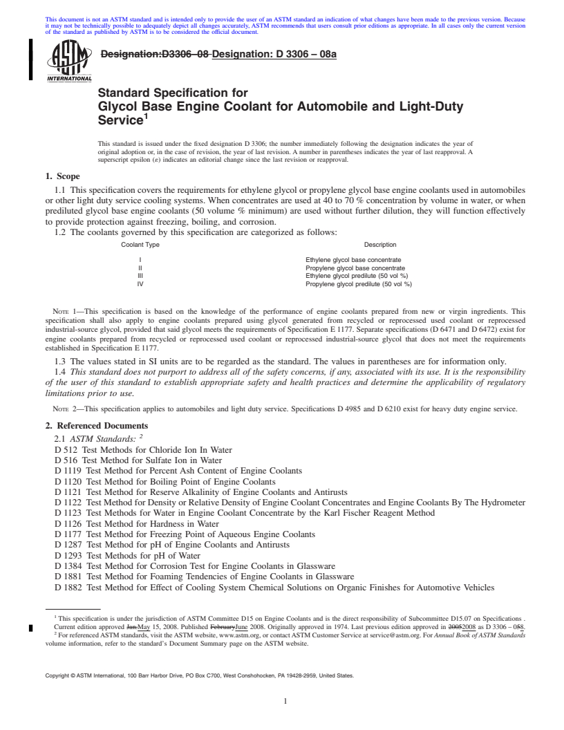 REDLINE ASTM D3306-08a - Standard Specification for Glycol Base Engine Coolant for Automobile and Light-Duty Service