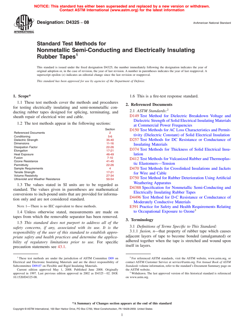 ASTM D4325-08 - Standard Test Methods for  Nonmetallic Semi-Conducting and Electrically Insulating Rubber Tapes