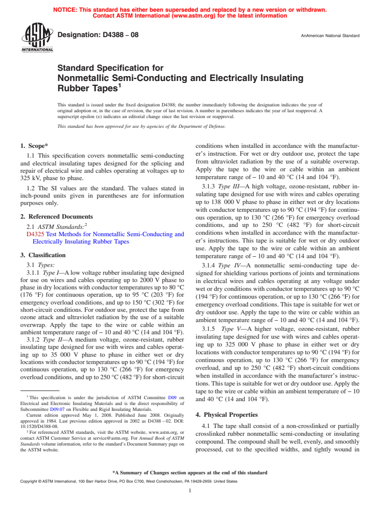 ASTM D4388-08 - Standard Specification for  Nonmetallic Semi-Conducting and Electrically Insulating Rubber Tapes
