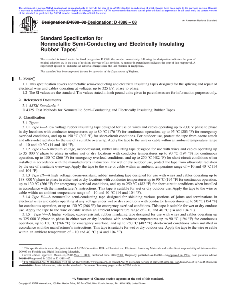 REDLINE ASTM D4388-08 - Standard Specification for  Nonmetallic Semi-Conducting and Electrically Insulating Rubber Tapes