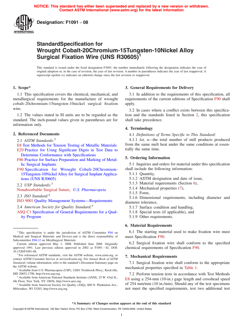 ASTM F1091-08 - Standard Specification for Wrought Cobalt-20Chromium-15Tungsten-10Nickel Alloy Surgical Fixation Wire (UNS R30605)