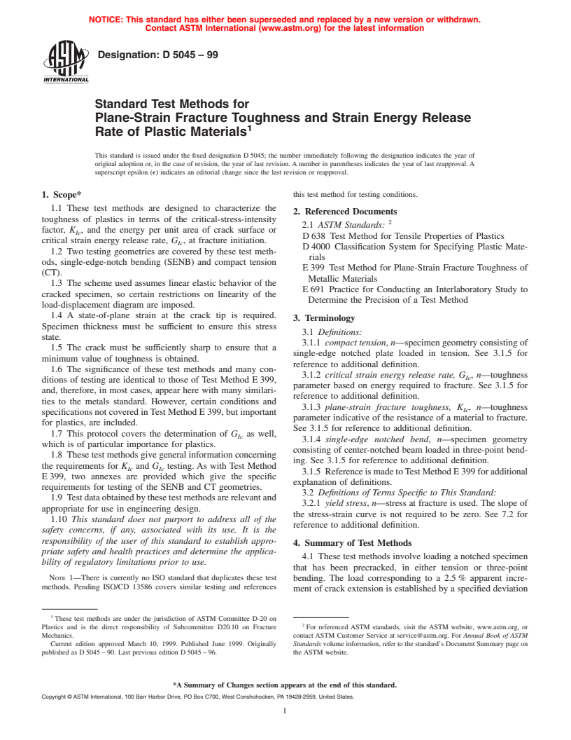 ASTM D5045-99 - Standard Test Methods for Plane-Strain Fracture Toughness and Strain Energy Release Rate of Plastic Materials