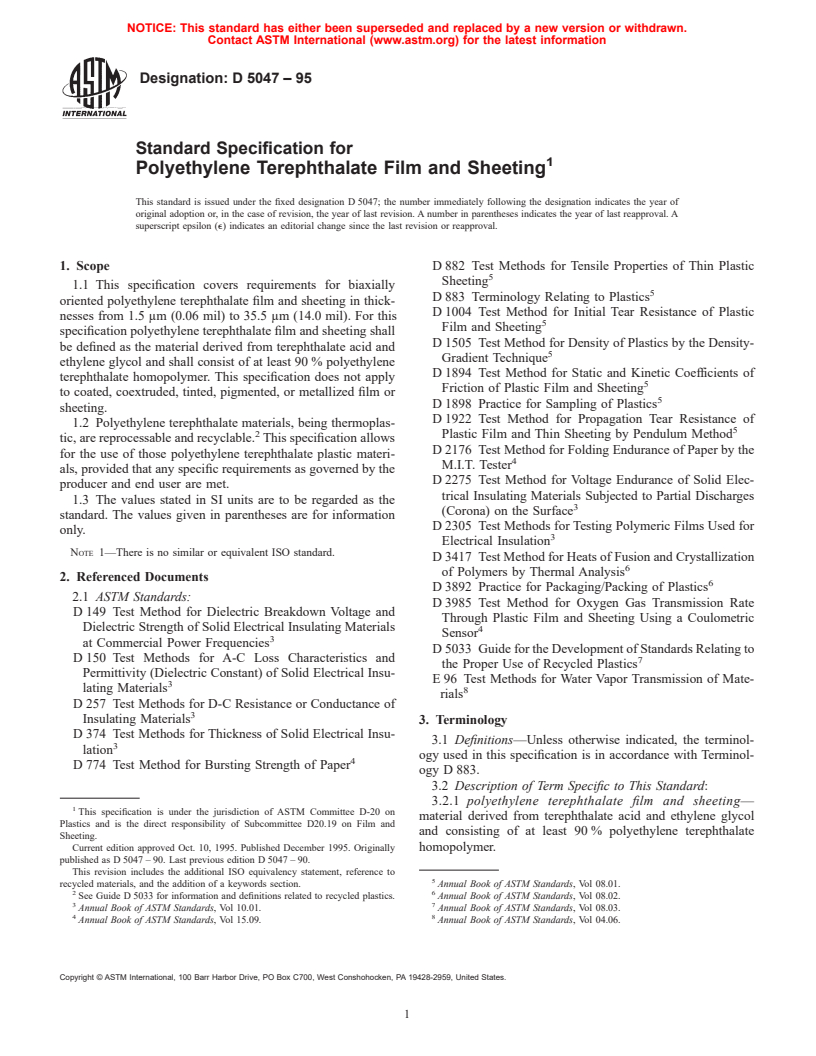 ASTM D5047-95 - Standard Specification for Polyethylene Terephthalate Film and Sheeting