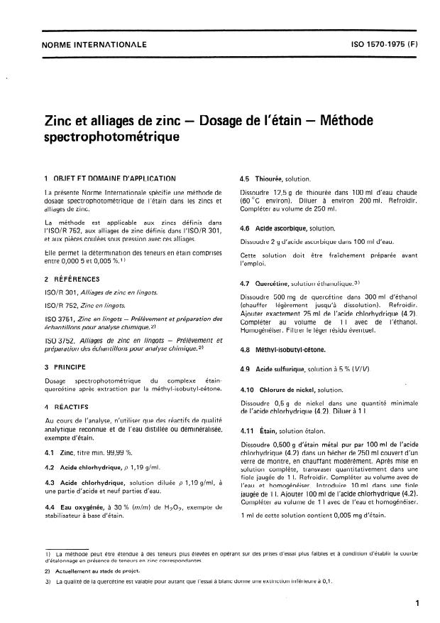 ISO 1570:1975 - Zinc et alliages de zinc -- Dosage de l'étain -- Méthode spectrophotométrique