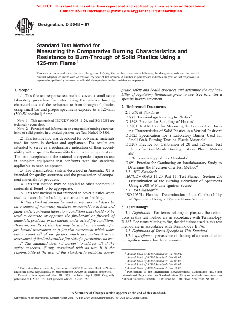 ASTM D5048-97 - Standard Test Method for Measuring the Comparative Burning Characteristics and Resistance to Burn-Through of Solid Plastics Using 125-mm Flame