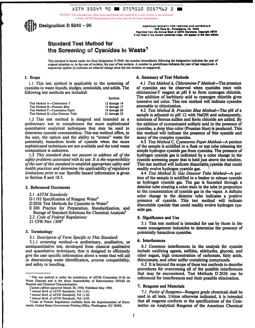 ASTM D5049-90 - Standard Test Method for the Screening of Cyanides in Waste (Withdrawn 1999)