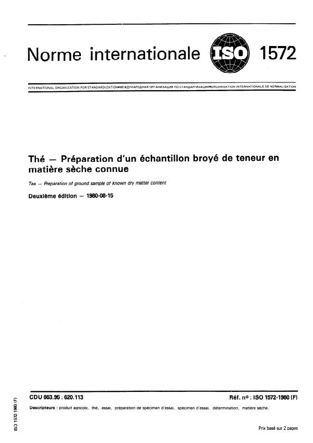 ISO 1572:1980 - Thé -- Préparation d'un échantillon broyé de teneur en matiere seche connue