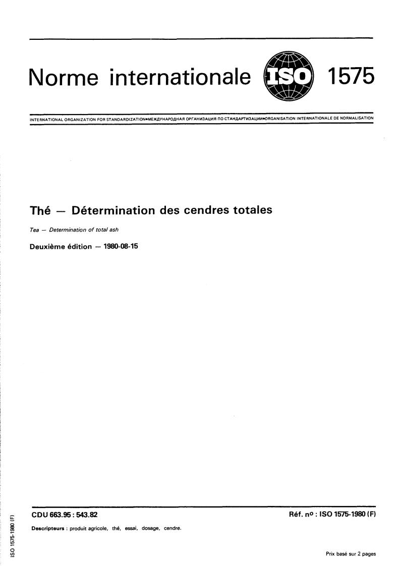 ISO 1575:1980 - Tea — Determination of total ash
Released:8/1/1980