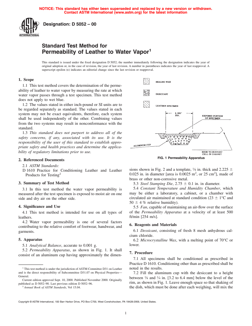 ASTM D5052-00 - Standard Test Method for Permeability of Leather to Water Vapor