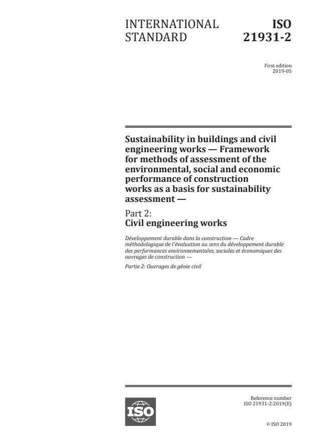 ISO 21931-2:2019 - Sustainability in buildings and civil engineering works -- Framework for methods of assessment of the environmental, social and economic performance of construction works as a basis for sustainability assessment