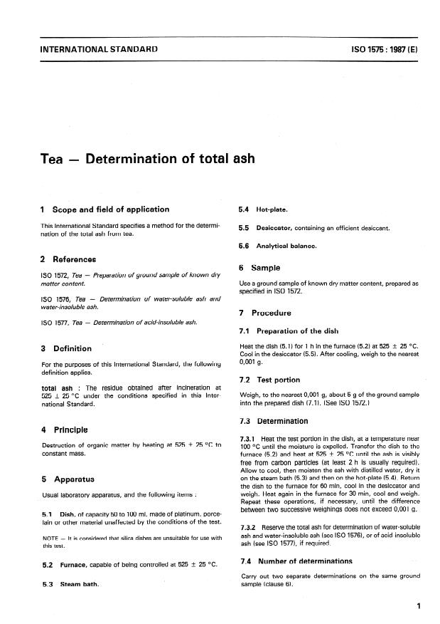 ISO 1575:1987 - Tea -- Determination of total ash