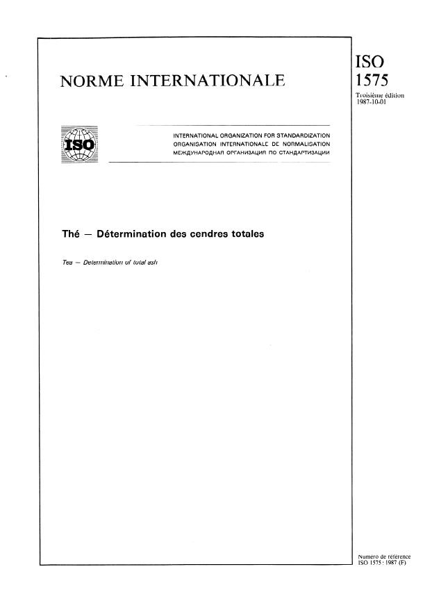 ISO 1575:1987 - Thé -- Détermination des cendres totales