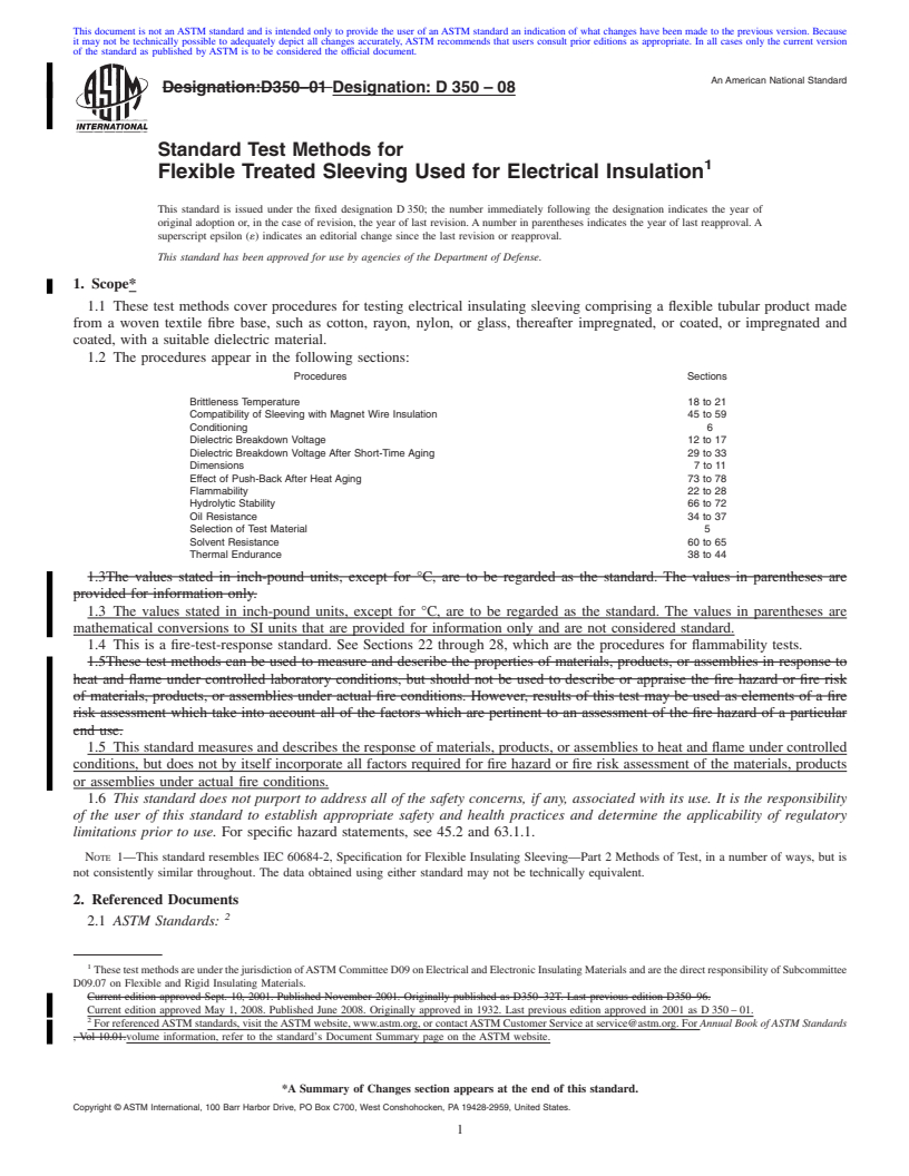 REDLINE ASTM D350-08 - Standard Test Methods for  Flexible Treated Sleeving Used for Electrical Insulation