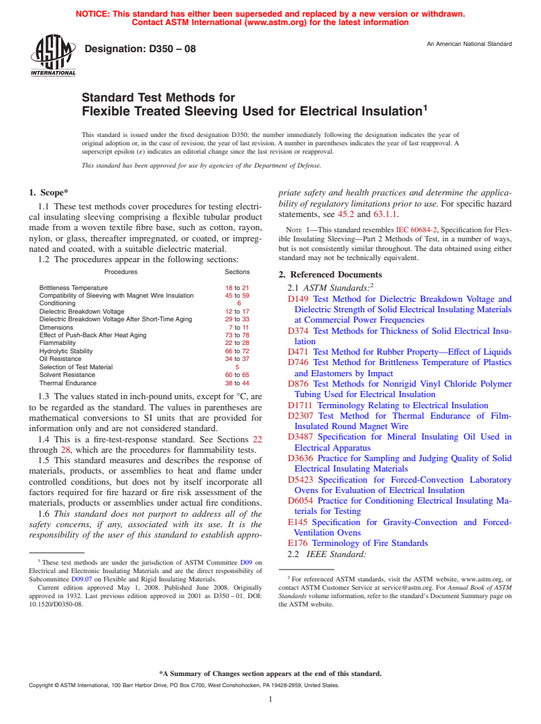 ASTM D350-08 - Standard Test Methods for  Flexible Treated Sleeving Used for Electrical Insulation