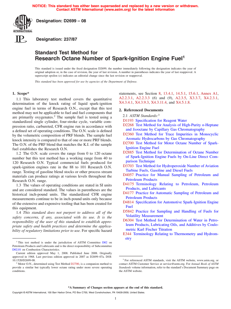 ASTM D2699-08 - Standard Test Method for Research Octane Number of Spark-Ignition Engine Fuel