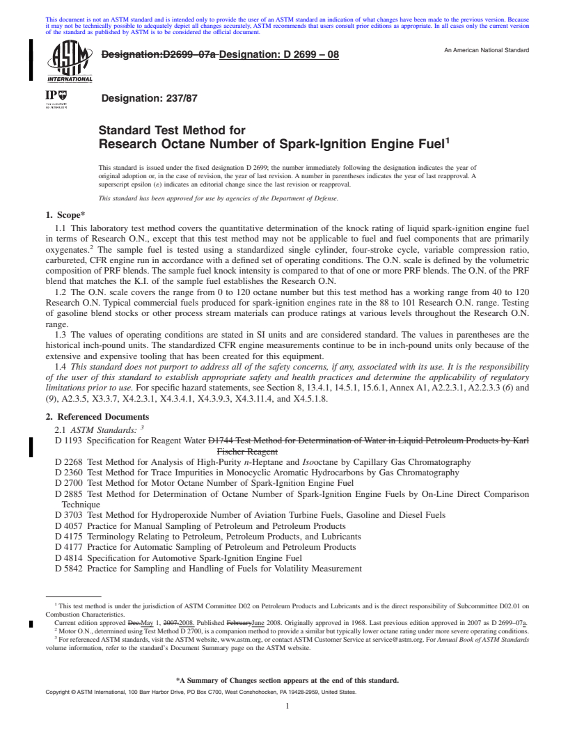 REDLINE ASTM D2699-08 - Standard Test Method for Research Octane Number of Spark-Ignition Engine Fuel