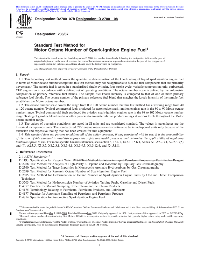 REDLINE ASTM D2700-08 - Standard Test Method for Motor Octane Number of Spark-Ignition Engine Fuel