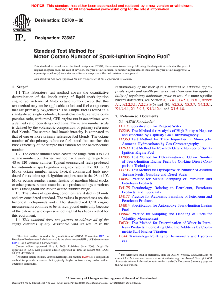 ASTM D2700-08 - Standard Test Method for Motor Octane Number of Spark-Ignition Engine Fuel