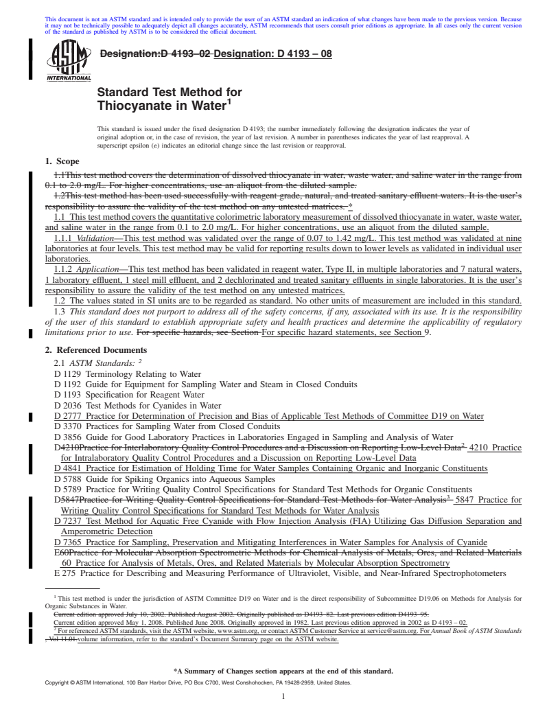 REDLINE ASTM D4193-08 - Standard Test Method for Thiocyanate in Water