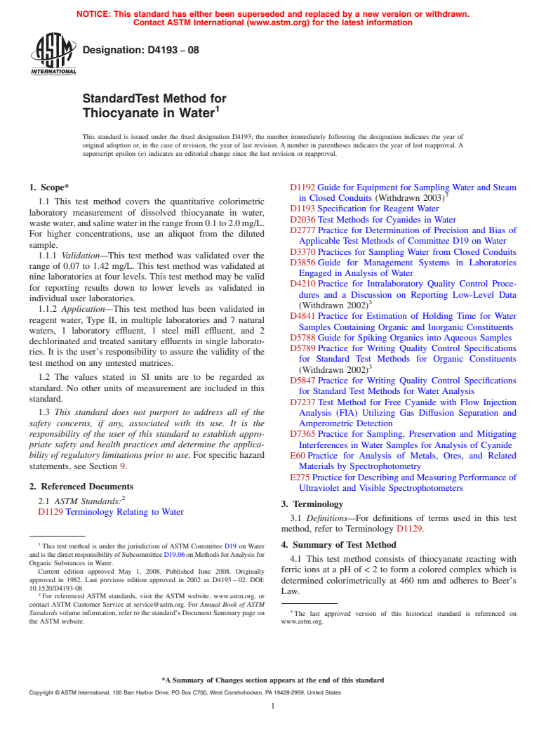 ASTM D4193-08 - Standard Test Method for Thiocyanate in Water