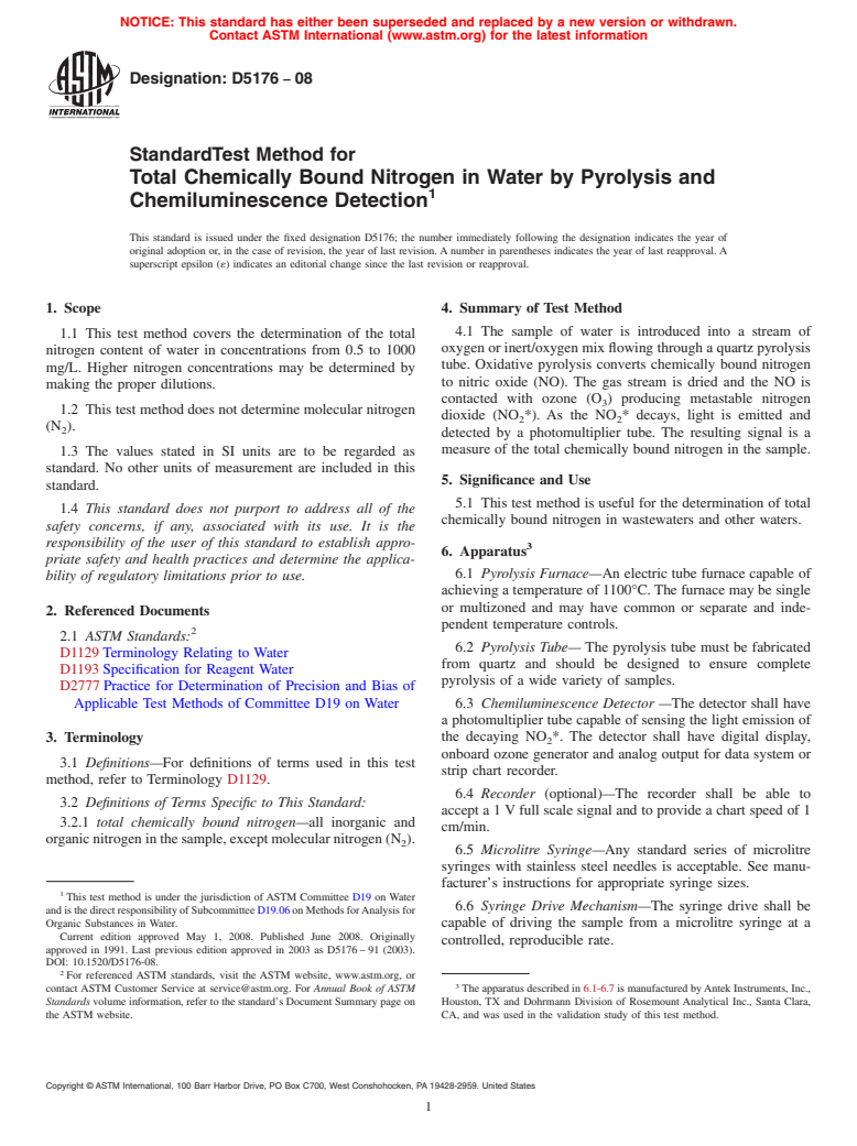 ASTM D5176-08 - Standard Test Method for Total Chemically Bound Nitrogen in Water by Pyrolysis and Chemiluminescence Detection