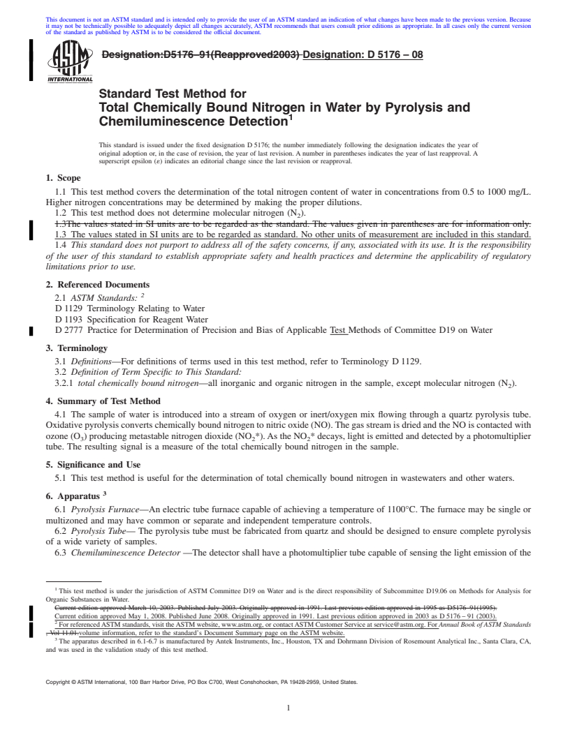 REDLINE ASTM D5176-08 - Standard Test Method for Total Chemically Bound Nitrogen in Water by Pyrolysis and Chemiluminescence Detection