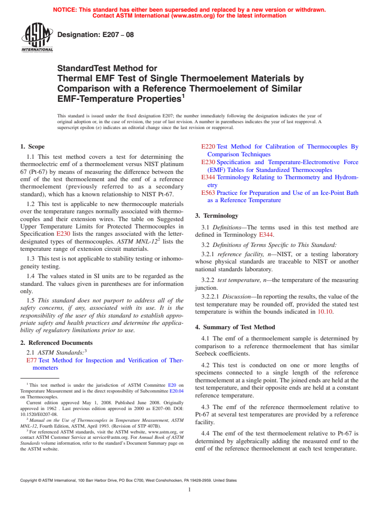 ASTM E207-08 - Standard Test Method for  Thermal EMF Test of Single Thermoelement Materials by Comparison with a Reference Thermoelement of Similar EMF-Temperature Properties