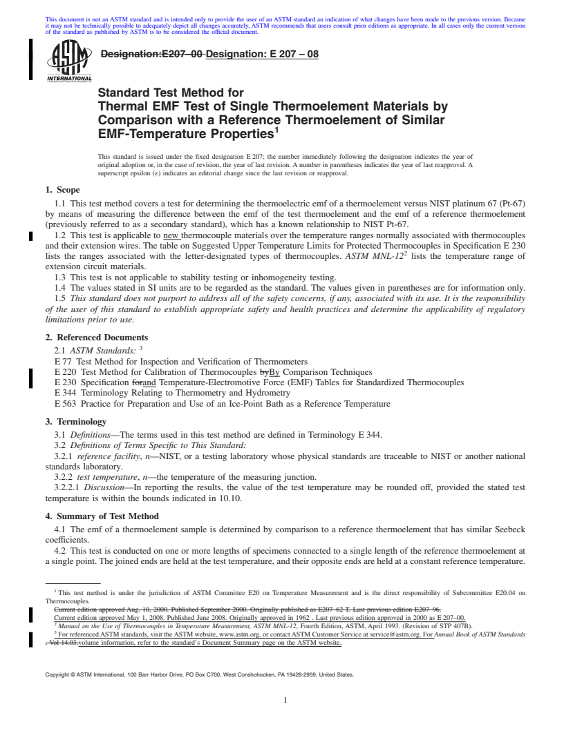 REDLINE ASTM E207-08 - Standard Test Method for  Thermal EMF Test of Single Thermoelement Materials by Comparison with a Reference Thermoelement of Similar EMF-Temperature Properties